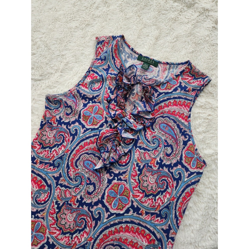 Ralph Lauren Ruffled Key-Hole Tank Top Blouse Paisley Pattern Womens Medium